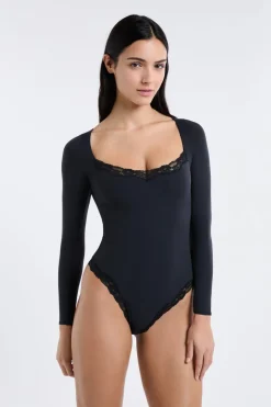 Body de manga larga de microfibra y encaje