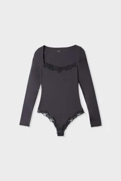 Body de manga larga de microfibra y encaje