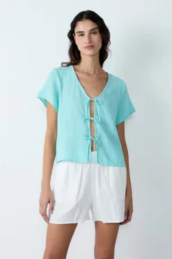 Camisa de manga corta de algodón con lazos