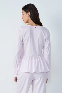 Camisa de pijama de algodón a rayas de manga larga con lazos