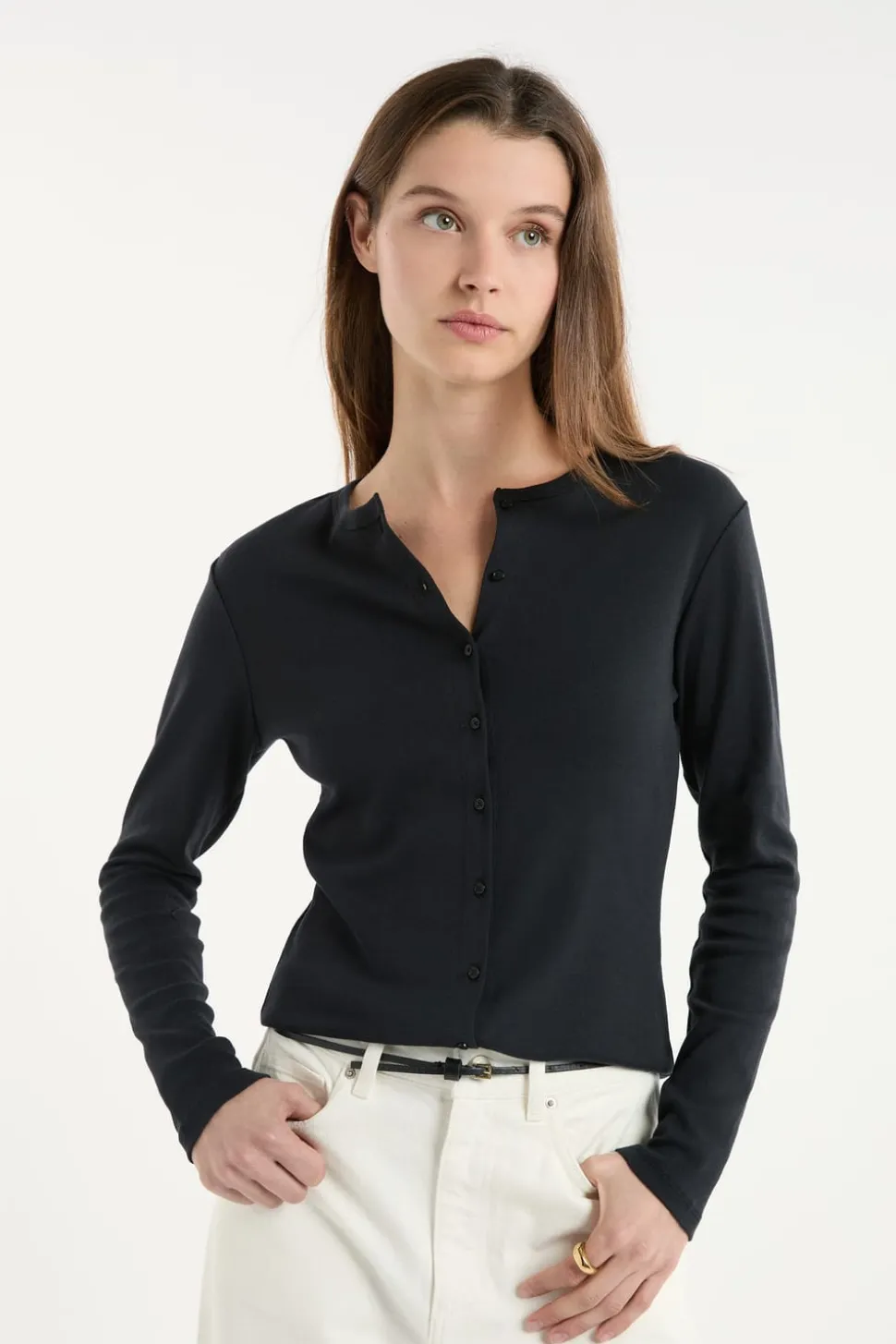 Camiseta abotonada de manga larga de algodón