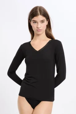 Camiseta de manga larga con cuello en V de tejido térmico