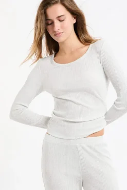 Camiseta de pijama de algodón acanalado de manga larga