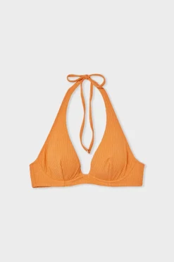 Top de bikini triangular de tejido brillante con aros