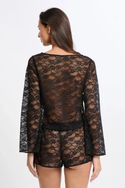 Top de manga larga de encaje transparente