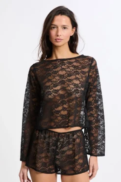 Top de manga larga de encaje transparente