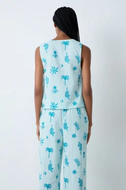 Top de pijama de algodón con estampado y lazos delanteros