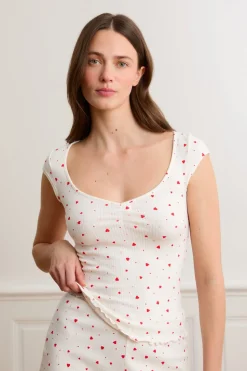 Top de pijama de manga corta con estampado de corazones y algodón