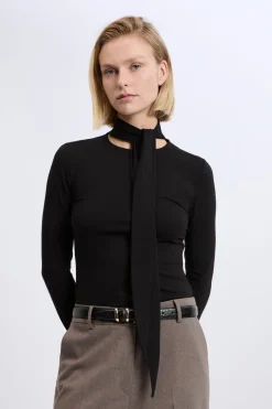 T-shirt manches longues à col à nouer avec coton